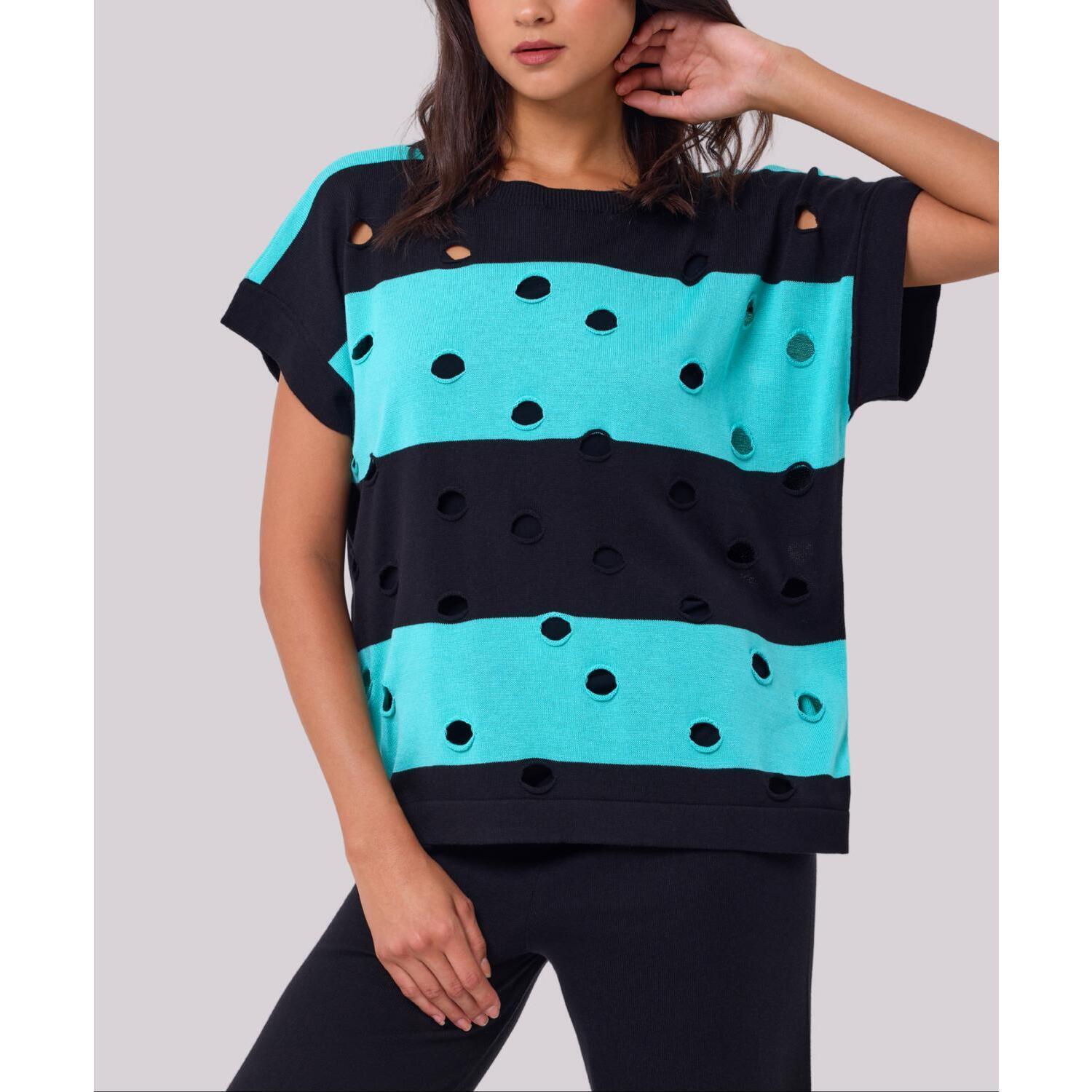 New Angel Apparel Stripe & Cut Out Knit Top In Black/Mint